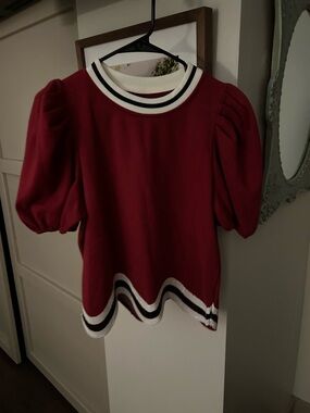 QUEEN OF SPARKLES Burgundy Puff-Sleeve Top with Contrast Stripe Sequin Trim